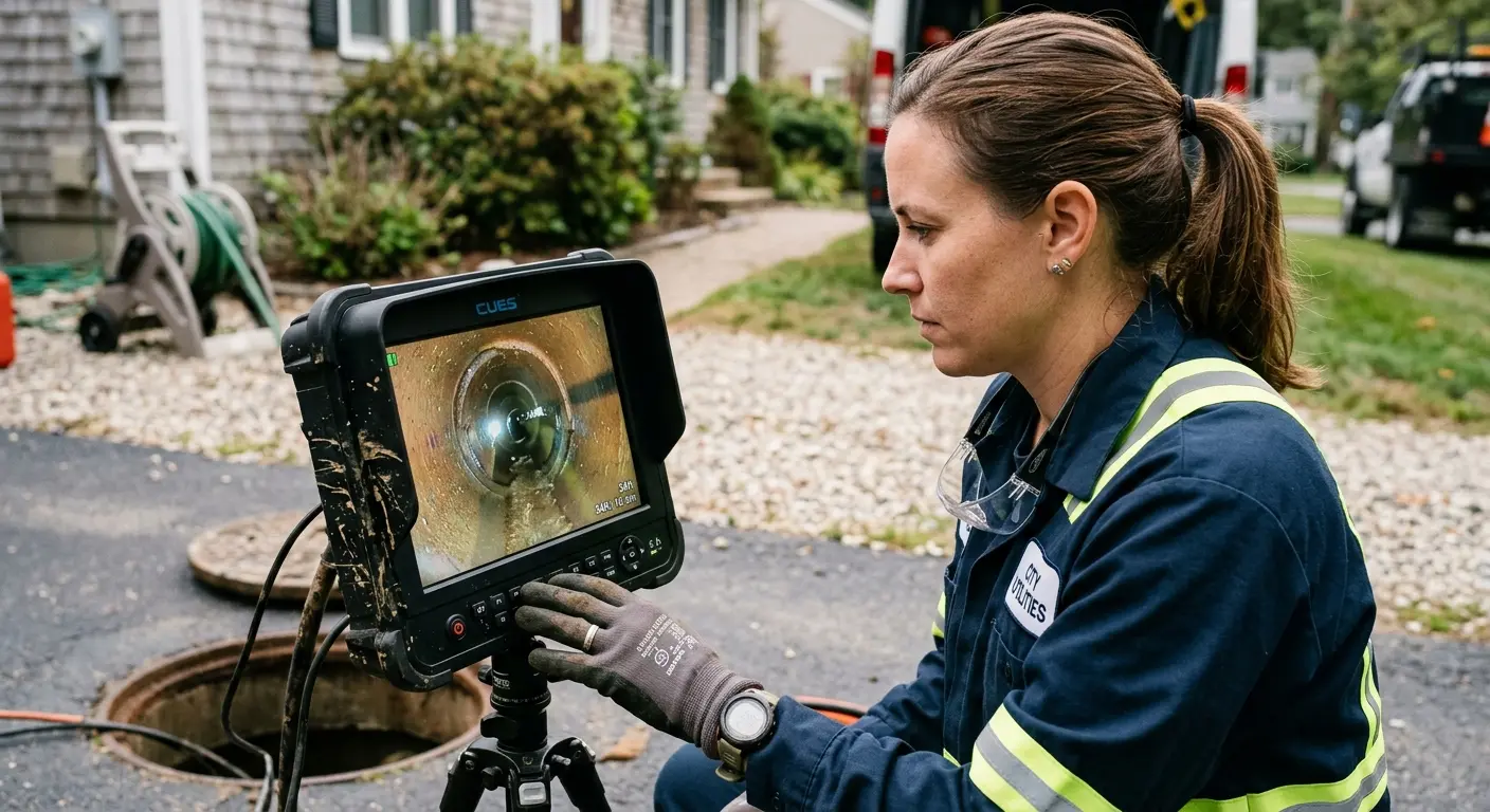 Technician reviewing sewer camera inspection footage in New York