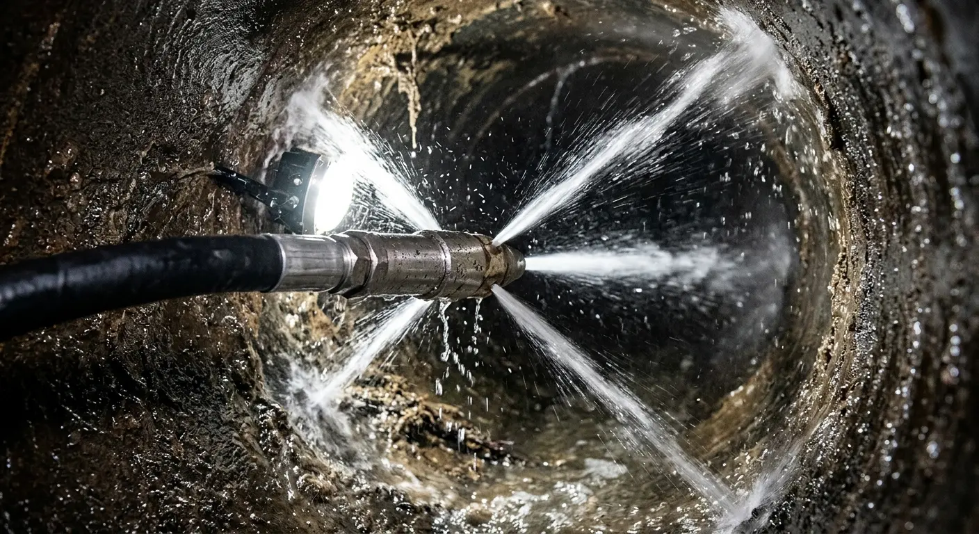 High-pressure hydro jetting nozzle cleaning sewer pipe for Sewer Cleanout in New York