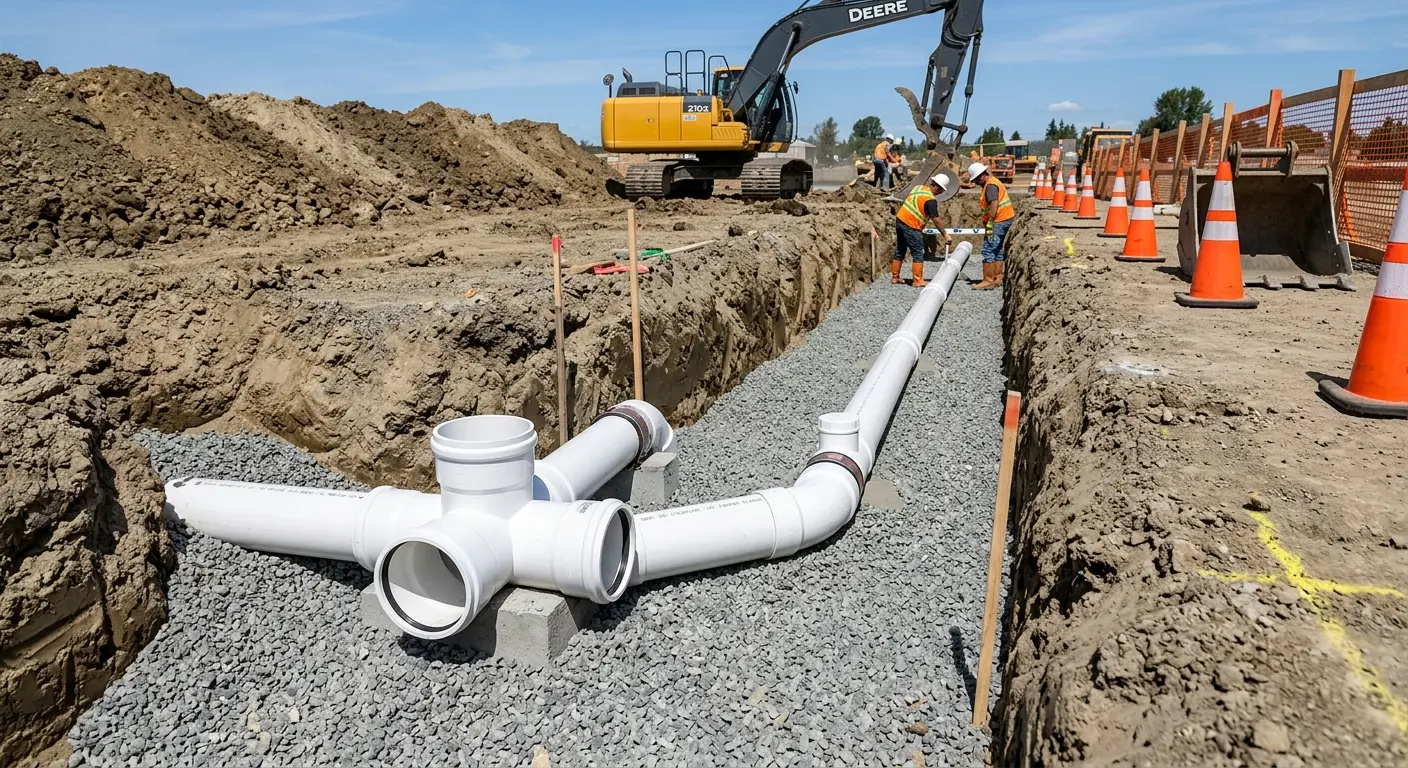 New PVC sewer pipe installation in open trench for Sewer Backup in New York
