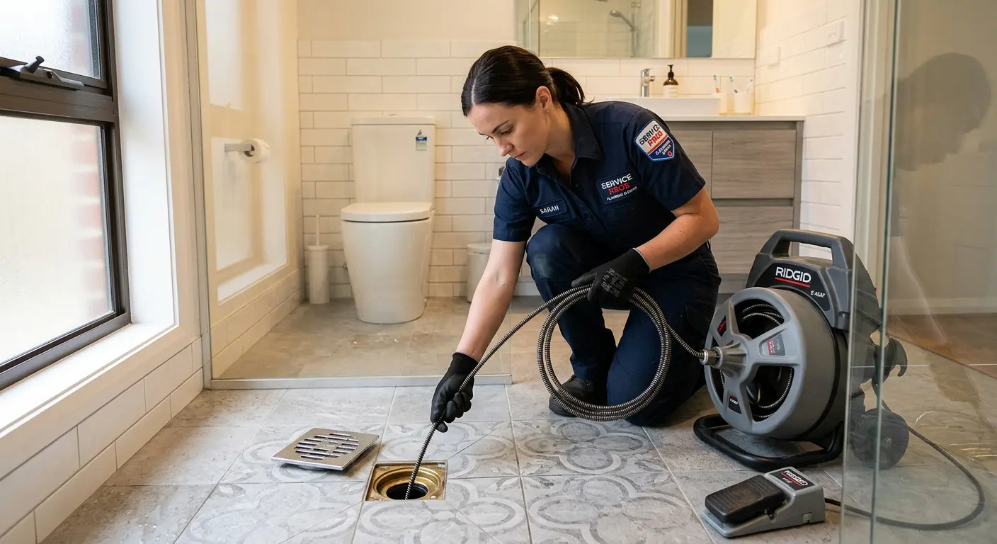 Technician clearing a bathroom floor drain for Hydro Jetting in New York